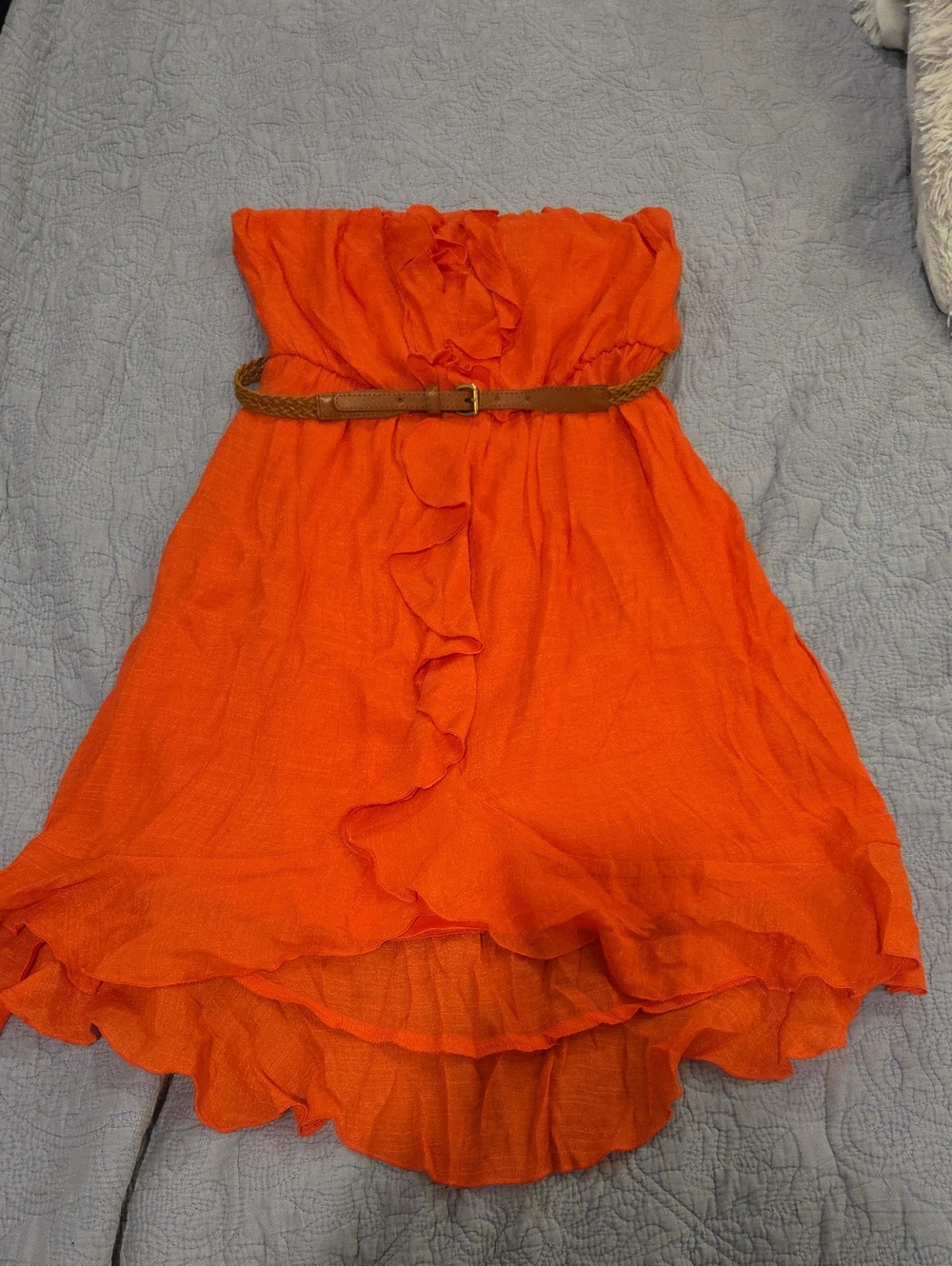 BCX Bright Orange Strapless Ruffle Mini Dress with Belt Size L!